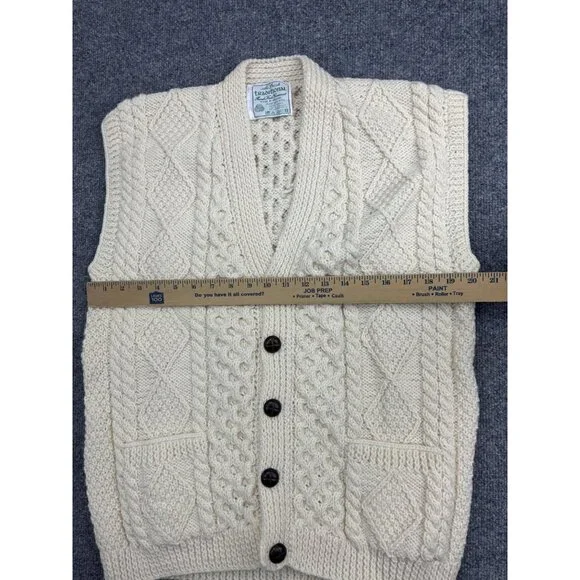 Irish Traditional Sweater Vest Mens Medium White Wool Cable Aran Knit Pockets - Picture 3 of 6
